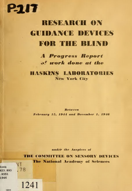 Cover of the 1946 progress report, Research on Guidance Devices for the Blind